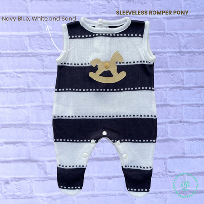 Baby Sleeveless Knit Romper Pony Navy Blue, White and Sand