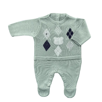 Baby Long-Sleeve Knit Romper Diamond/Bear Sage Green