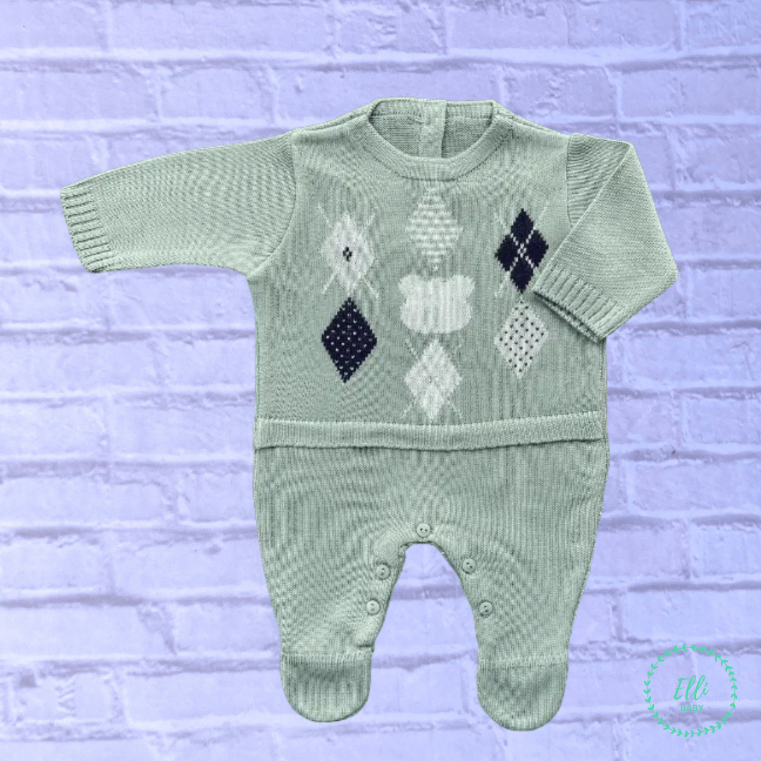 Baby Long-Sleeve Knit Romper Diamond/Bear Sage Green