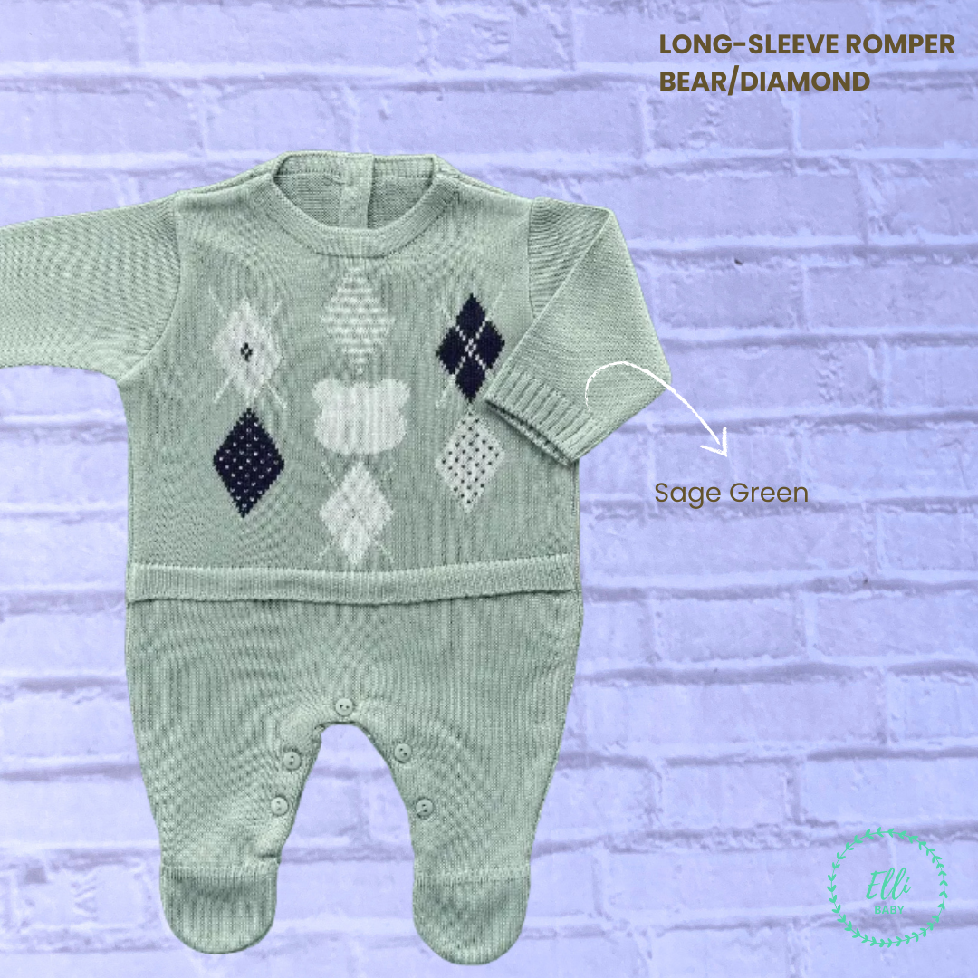 Baby Long-Sleeve Knit Romper Diamond/Bear Sage Green