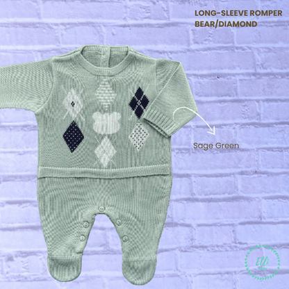 Baby Long-Sleeve Knit Romper Diamond/Bear Sage Green