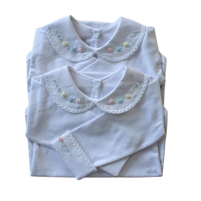 Baby Long-Sleeve White Bodysuit with Embroidered Rococo in Yellow, Blue and Pink