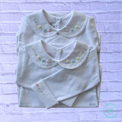 Baby Long-Sleeve White Bodysuit with Embroidered Rococo in Yellow, Blue and Pink