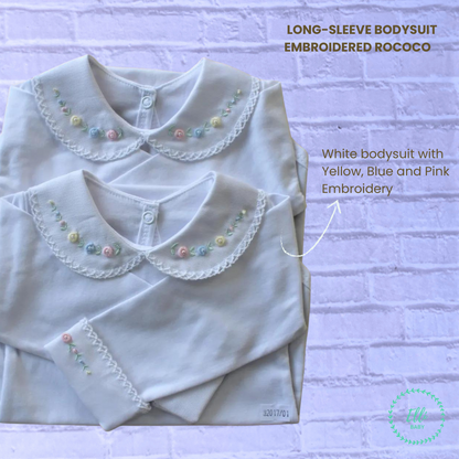 Baby Long-Sleeve White Bodysuit with Embroidered Rococo in Yellow, Blue and Pink