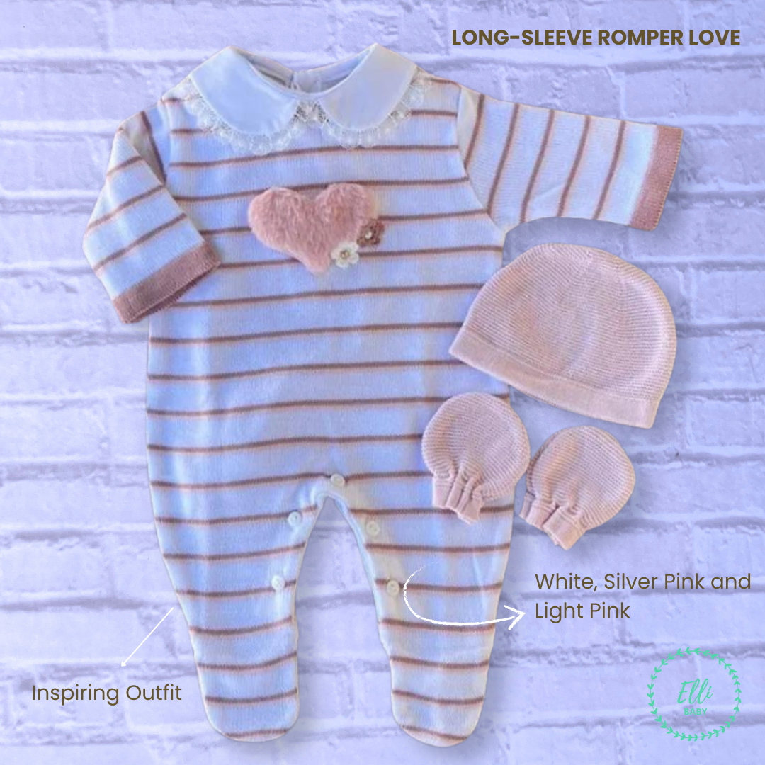 Baby Long-Sleeve Knit Romper Love Silver Pink and White