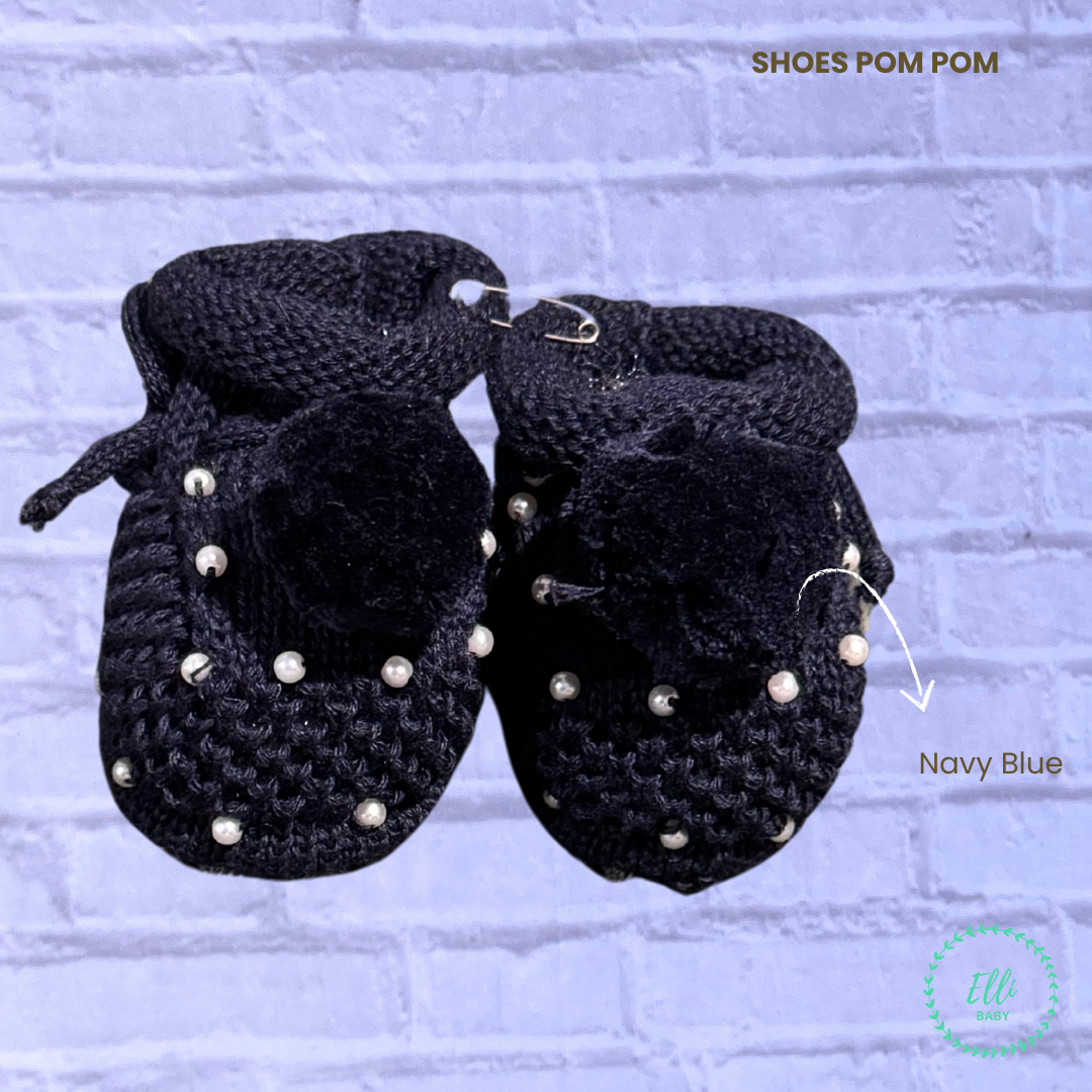 Baby Knit Shoes Pom Pom Navy Blue