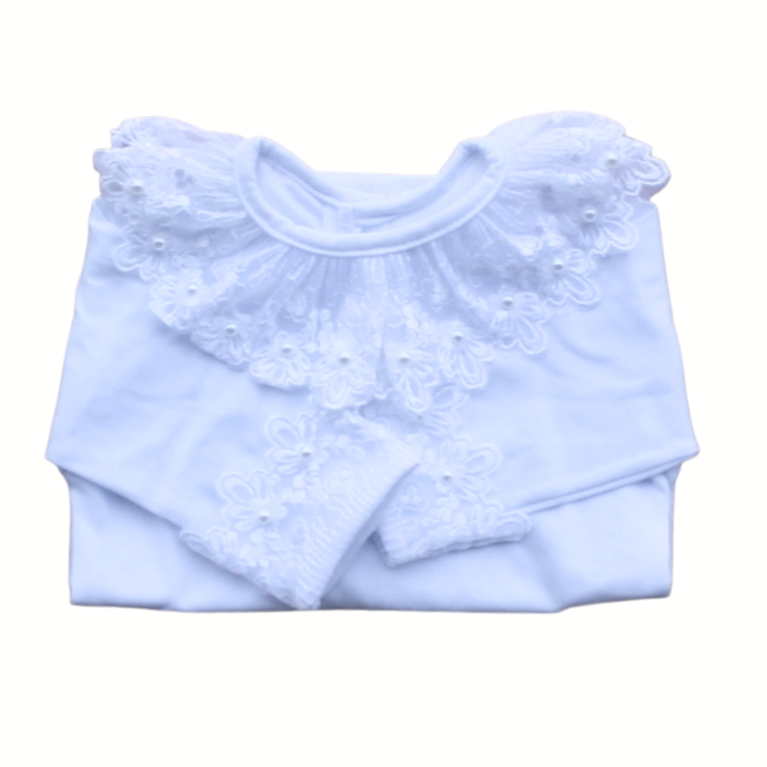 Baby Long-Sleeve Bodysuit with Lace and Pearl