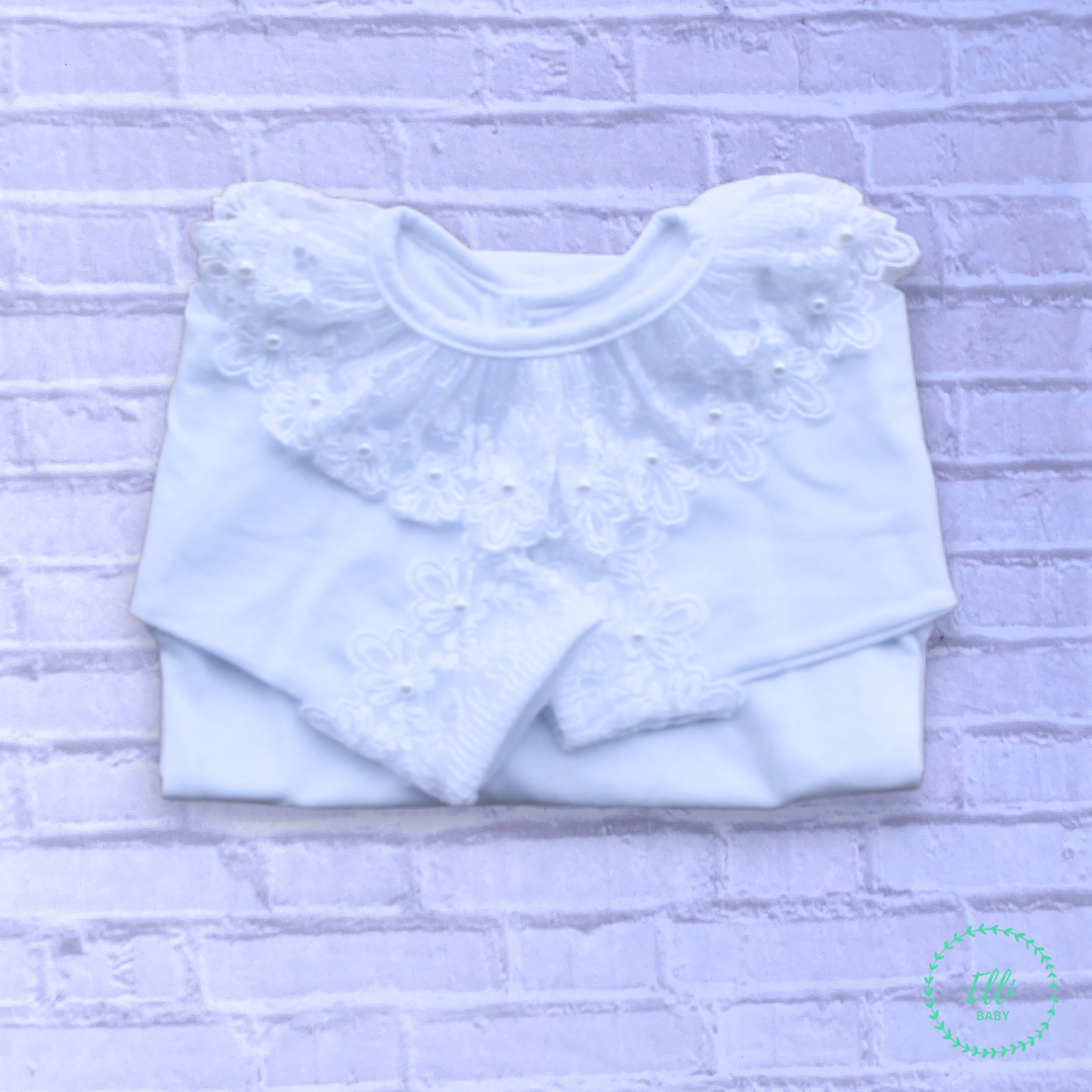 Baby Long-Sleeve Bodysuit with Lace and Pearl