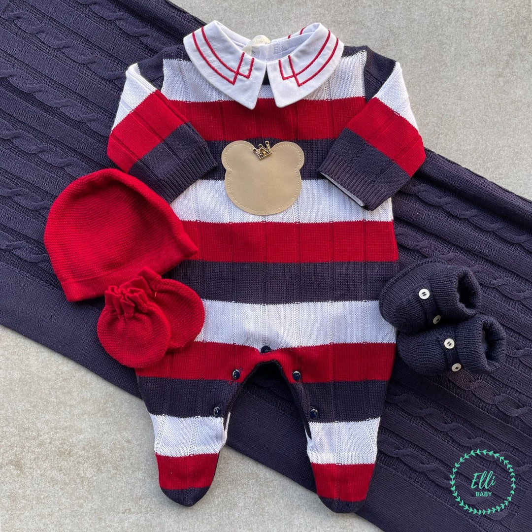 Baby Long-Sleeve Knit Romper Junior White, Red and Navy Blue