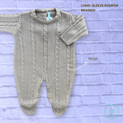 Baby Long-Sleeve Knit Romper Braided Beige