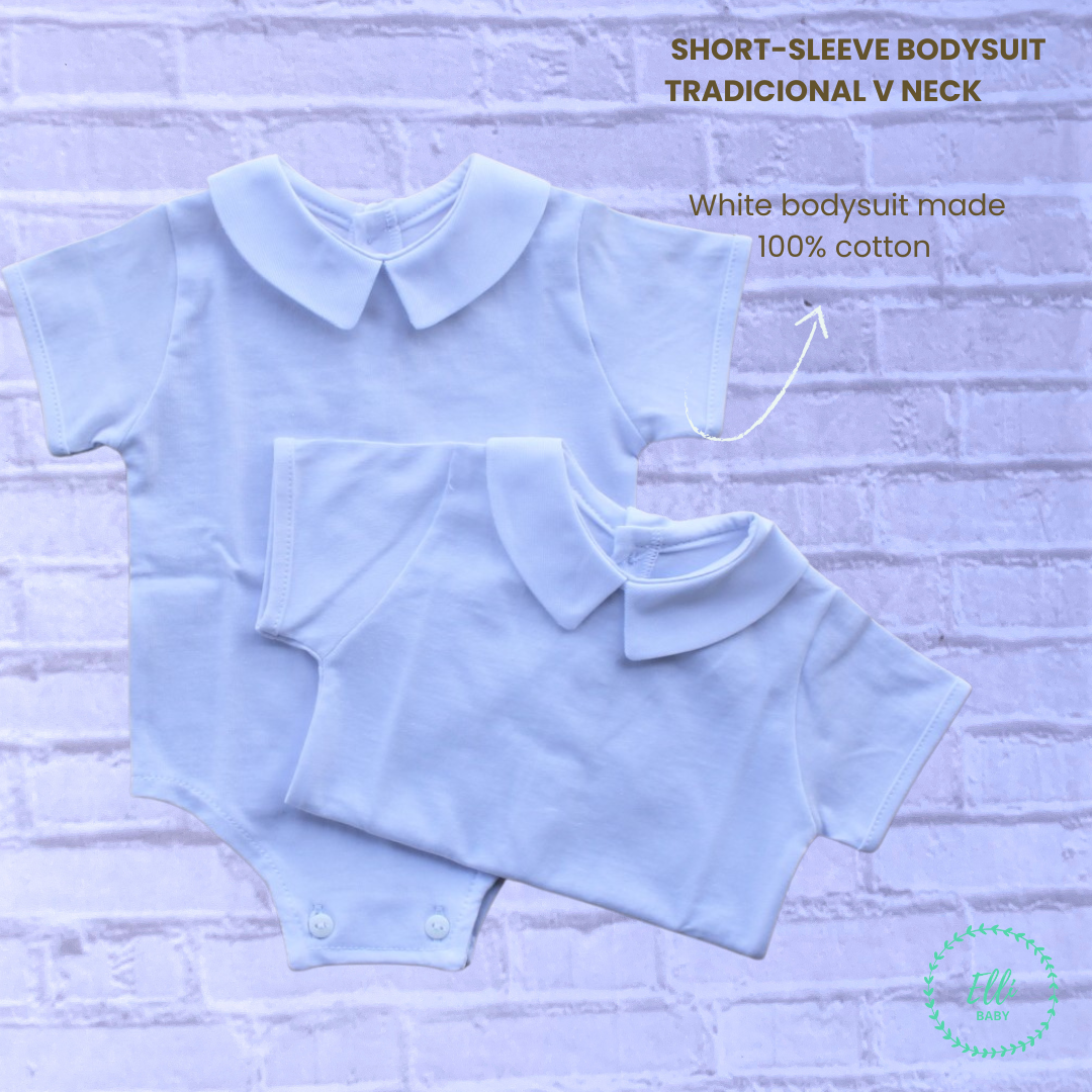 Baby Short-Sleeve Bodysuit with Traditional V Neck White