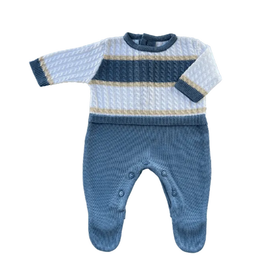 Baby Long-Sleeve Knit Romper Carlos Blue Jeans, White and Sand