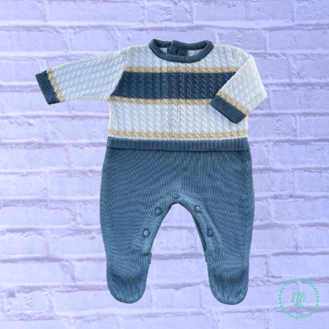 Baby Long-Sleeve Knit Romper Carlos Blue Jeans, White and Sand