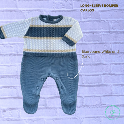 Baby Long-Sleeve Knit Romper Carlos Blue Jeans, White and Sand