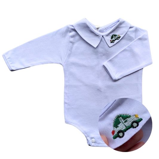 Baby Long-Sleeve Bodysuit with Embroidered Car Green