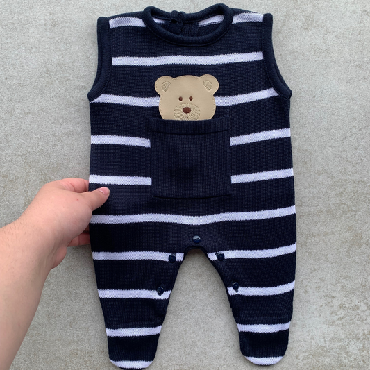 Baby Sleeveless Knit Romper Arthur Navy Blue with White Stripes