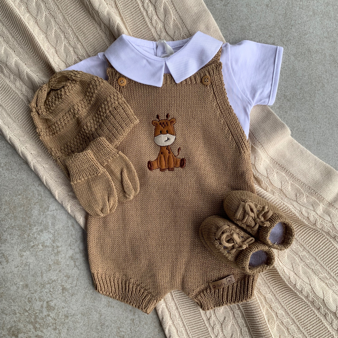 Baby Knit Shortall Giraffe Light Brown