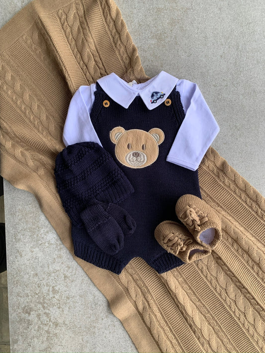 Baby Knit Shortall Bear Navy Blue