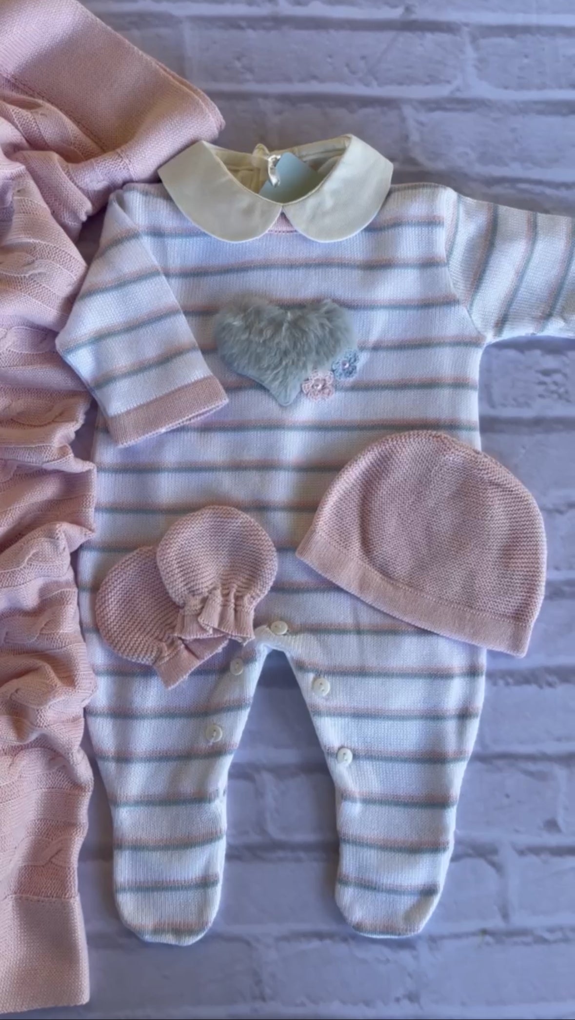 Baby Long-Sleeve Knit Romper Love Silver Pink and White