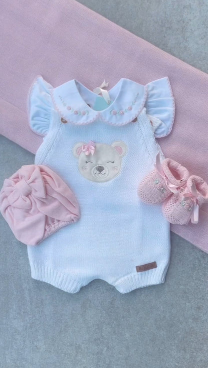 Baby Knit Shortall She Bear White