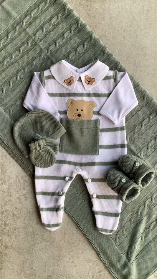 Baby Sleeveless Knit Romper Arthur White with Sage Green Stripes