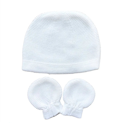 Baby Hat and Mitten Knit Set Ribbed White