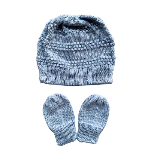 Baby Hat and Mitten Knit Set Tally Light Blue