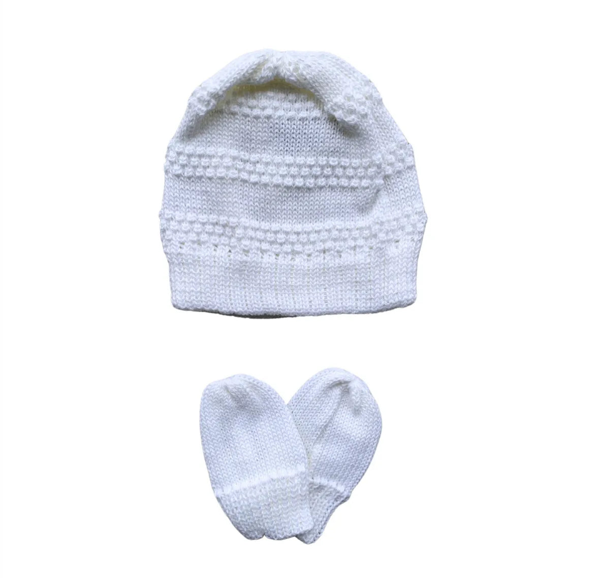 Baby Hat and Mitten Knit Set Tally White