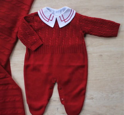 Baby Long-Sleeve Knit Romper Hummingbird Red with flower