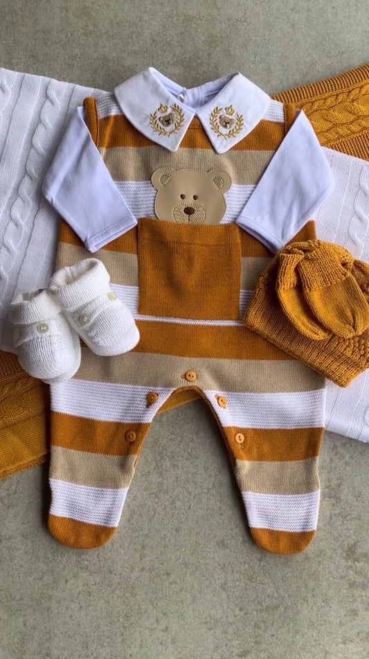 Baby Sleeveless Knit Romper Arthur Mustard, White and Sand