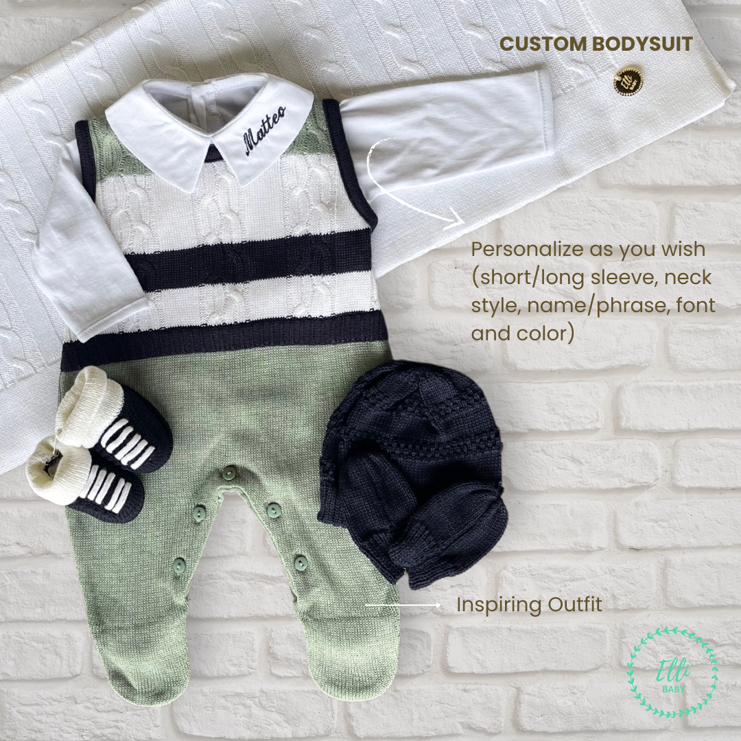 Baby Bodysuit with Personalized Handmade Embroidery
