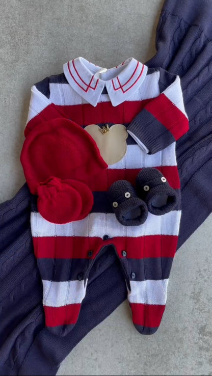 Baby Long-Sleeve Knit Romper Junior White, Red and Navy Blue