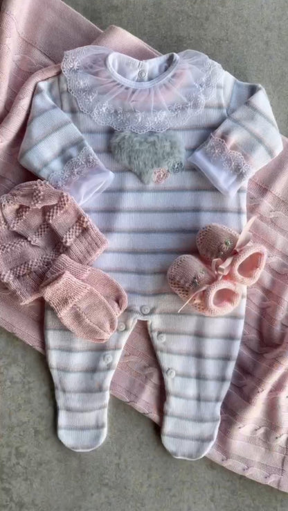 Baby Long-Sleeve Knit Romper Love Silver Pink and White